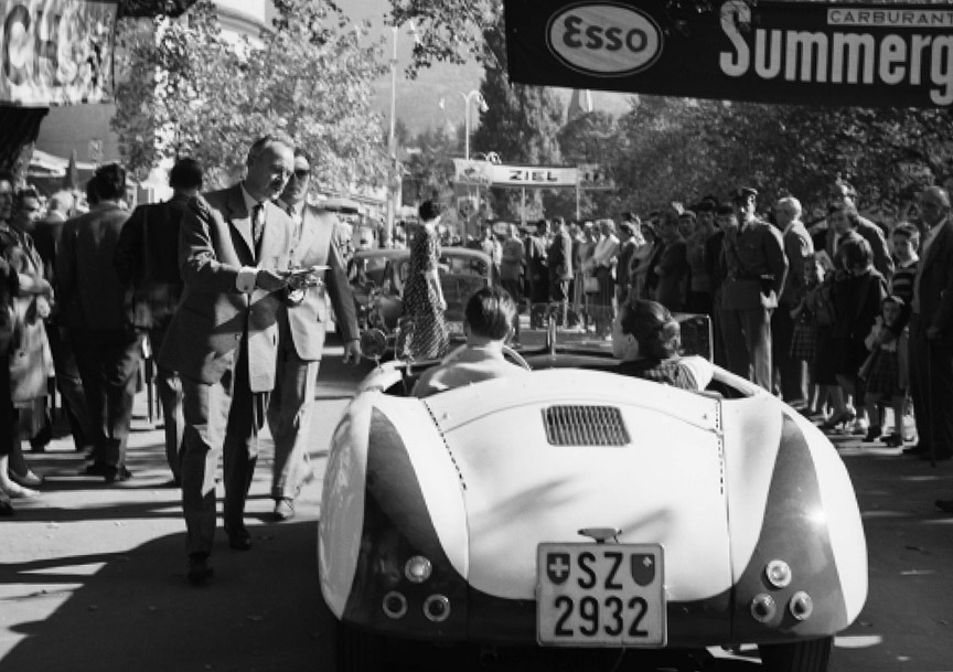 1955, Merano, Italy. 356 no.1 on Porsche gathering. Look how modified it is 7 years after its birth - gone are the rear bumper and eye-shaped rear lamps. New are the round-shaped lamps and engine cover grille. And the paintwork, of course. Later in its life, the car is restored back to its initial look.