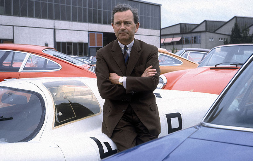 1968 Stuttgart-Zuffenhausen, Ferry leaning on a 908/01 K Coupé. 