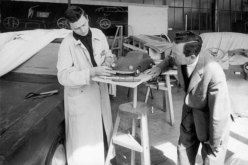 ca1959. F.A. and Ferry at the Porsche design studio. The 356 model on the stand is not important. The full size model on the left is the quad-headlamp version of the 695. Type 695 was the code name for the first prototypes on the way of creating the future 911.