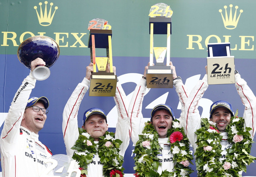 Andreas Seidl (Porsche LMP1 team principal), Marc Lieb, Romain Dumas, Neel Jani