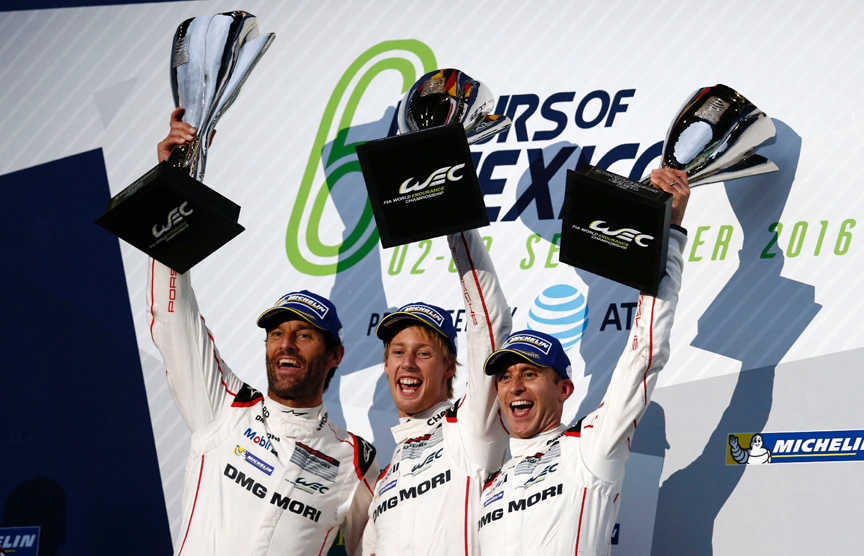 2016 September 3: Mexico City 6 hour race winners: Mark Webber, Brendon Hartley and Timo Bernhard