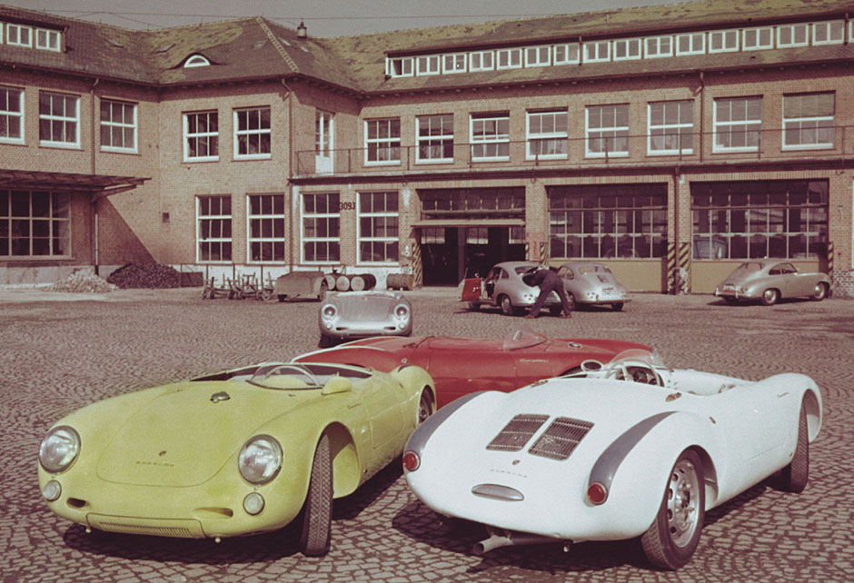 1955. 550 Spyders in the Porsche yard in Stuttgart-Zuffenhausen