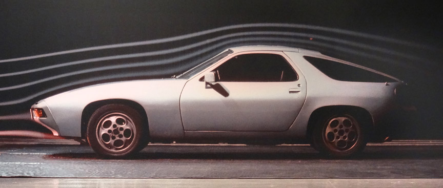 Aerodynamics testing of Porsche 928 in wind tunnel