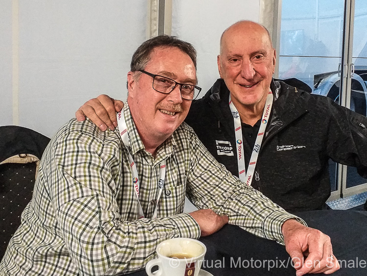 The author (left) sits with Tracy Krohn (right) in the team’s hospitality tent