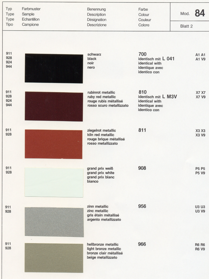 1984 Porsche 944 Color Options Book and Samples