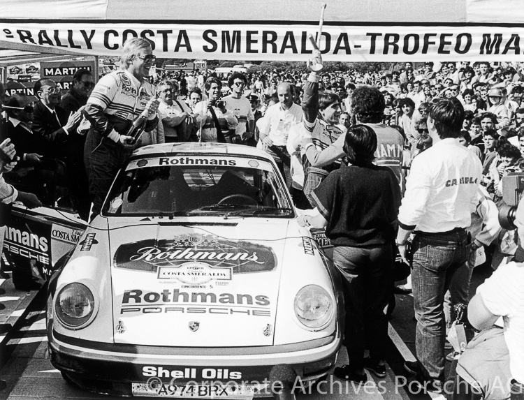 Henri Toivonen and Juha Piironen celebrate victory in the 1984 Rallye Costa Smeralda