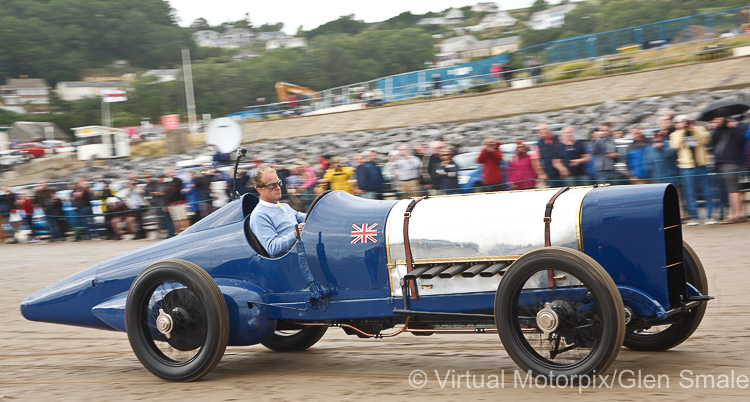 Don Wales, grandson of Sir Malcolm Campbell, powers the 1925 Blue Bird at Pendine Sands, 21 July 2015