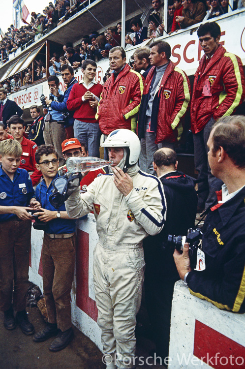Le Mans 24 Hours, 15 June 1969: Richard Attwood takes a refreshing drink