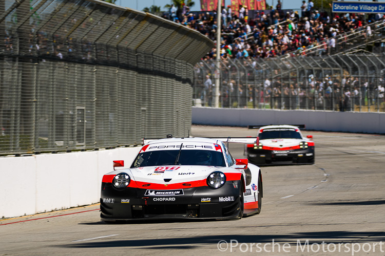 The #911 Porsche GT Team Porsche 911 RSR of Patrick Pilet and Nick Tandy leads the #912 of teammates Earl Bamber and Laurens Vanthoor