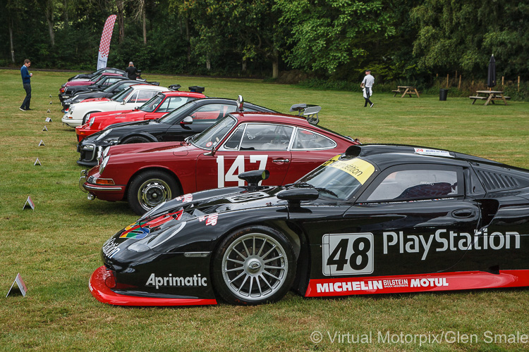 Porsche 996 GT1 Evo 1997 on display with numerous other Porsche classics