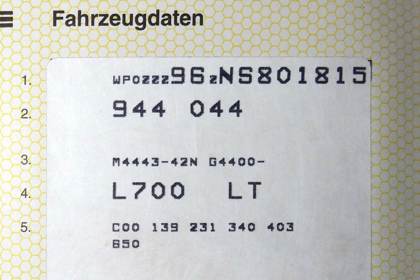 1992 Porsche 968 VIN and option code label/sticker