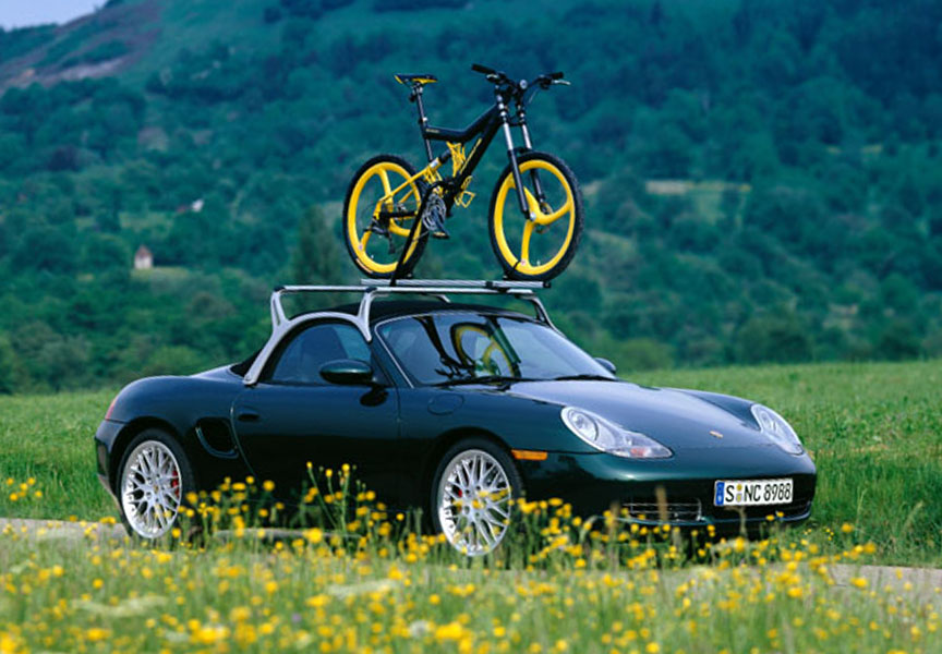 Porsche Boxster 986 with roof rack and bike carrier