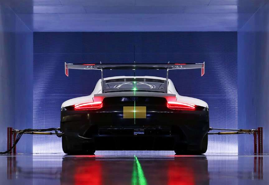 Porsche 911 991 RSR 4.2 in wind tunnel, rear view