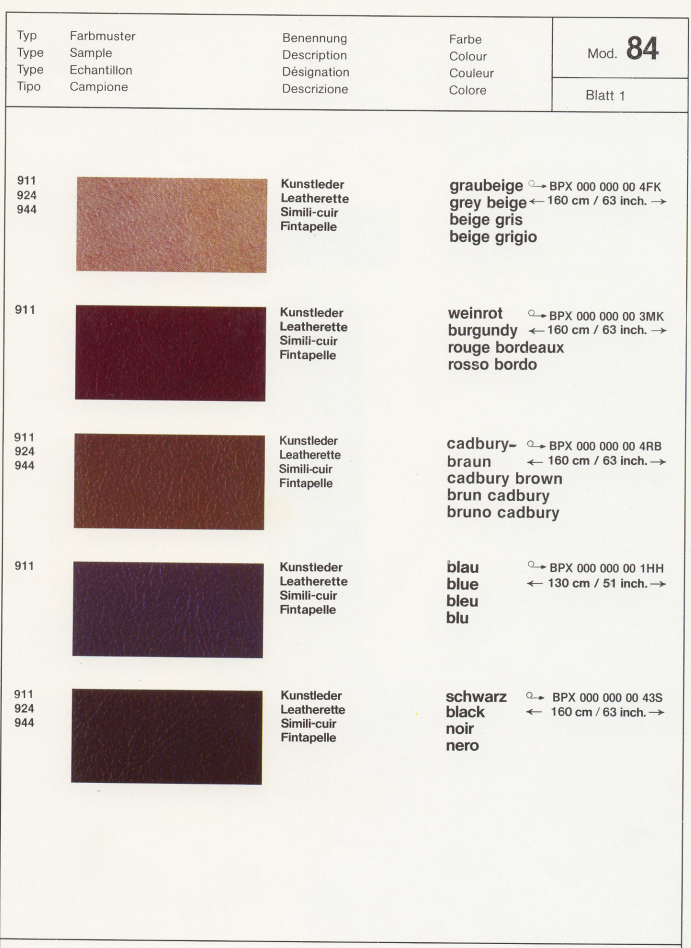 Porsche 911 G Color Charts & Equipment Samples (1984)