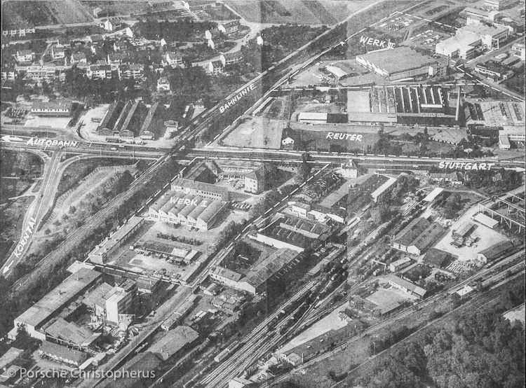 An aerial view showing the two factories divided by the Schwieberdinger Strasse