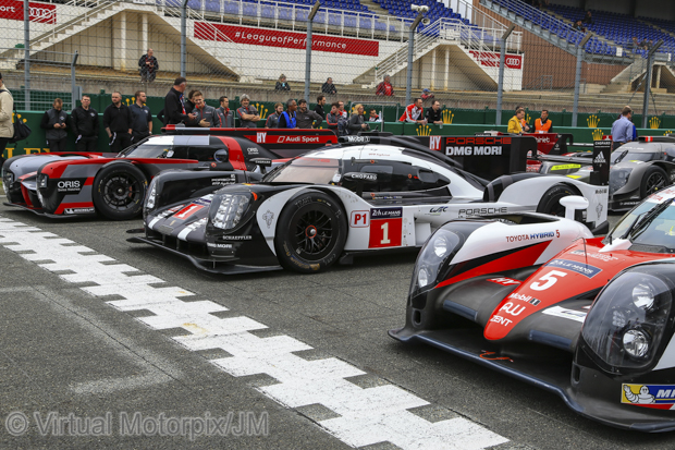 #5 Toyota TS050 Hybrid, the #1 Porsche 919 Hybrid and the #7 Audi R18 e-tron quattro