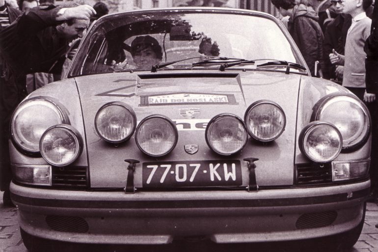 Frontal aspect of Porsche 911 230 0769 before rally in 1972