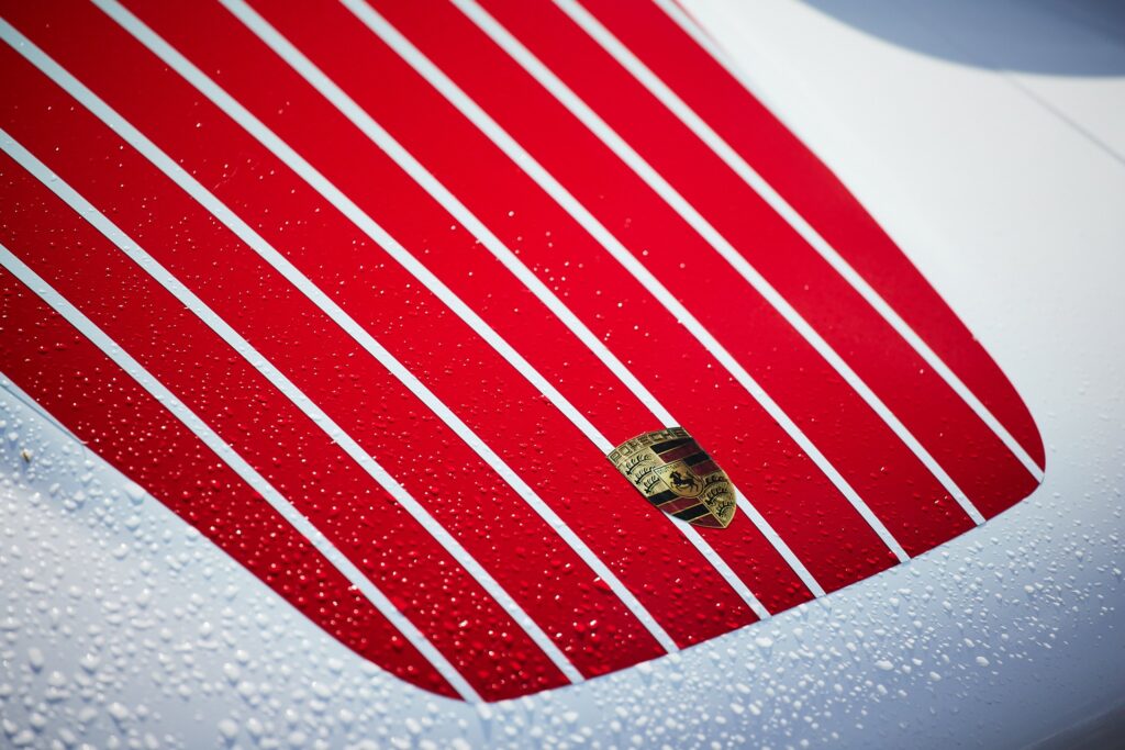 Closeup of the front logo on hood