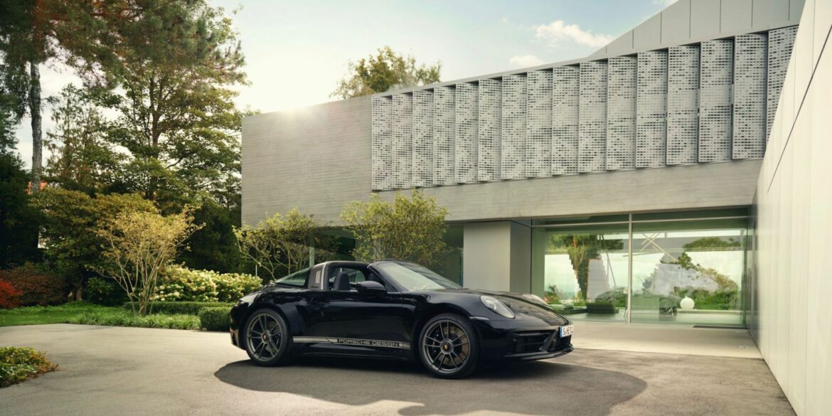 2022 Porsche Type 992 911 Targa 4 50th Anniversary Edition outside of Porsche Design in Zell am See, Austria.