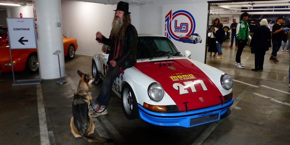 Magnus Walker at entry to new exhibit at Petersen Automotive Museum