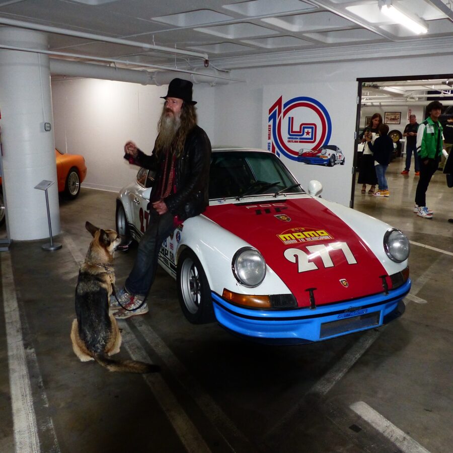 Magnus Walker at entry to new exhibit at Petersen Automotive Museum