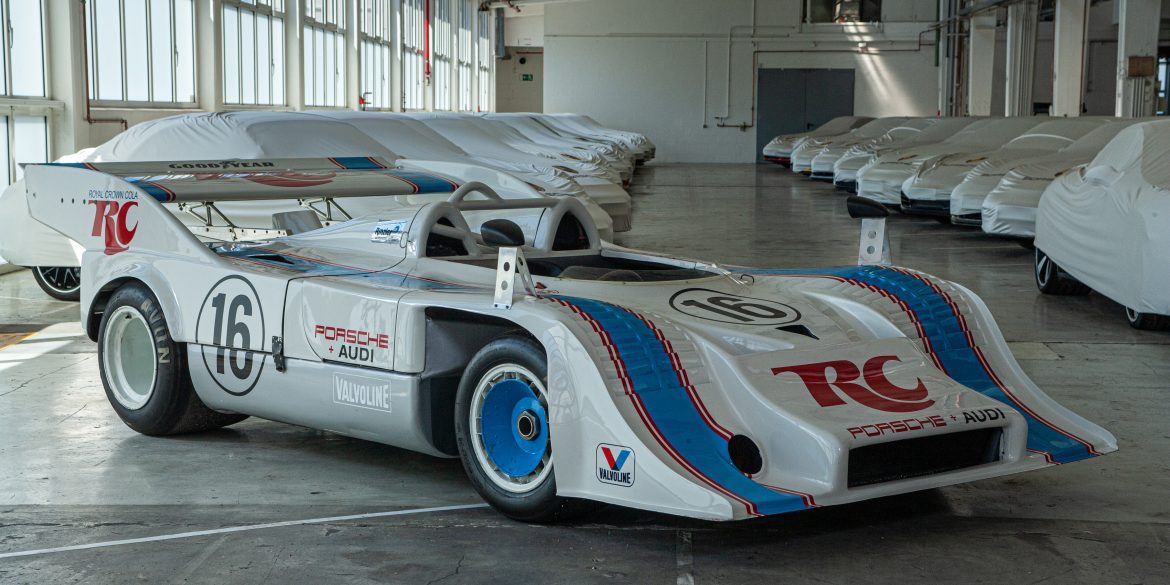 A front three-quarter view of the No. 16 Porsche 917/10 chassis #005 taken in Porsche’s secret bunker in Stuttgart, May 2017. Virtual Motorpix/Glen Smale