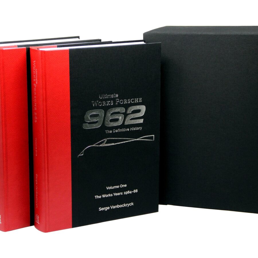 Box set for Ultimate Works Porsche 962 - The Definitive History on white background