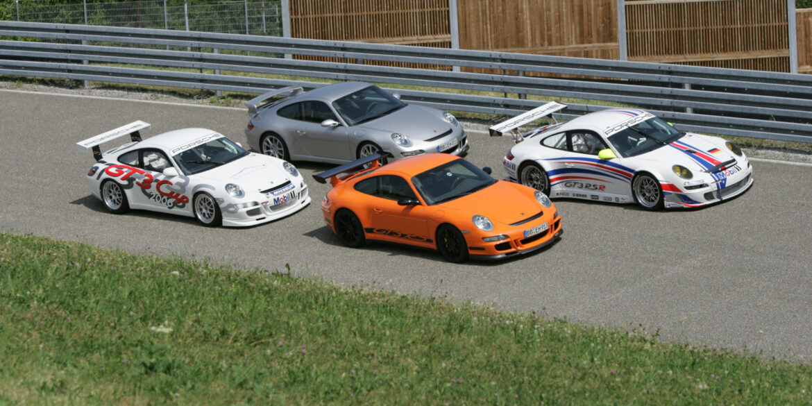 The Type 997 GT3 family, from left to right: GT3 Cup Race Car, GT3, GT3 RS, and GT3 RSR Endurance Race Car